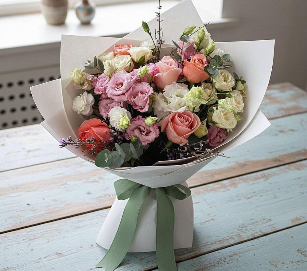 Букет цветов из: Розы, Лизиантусы и Гвоздики в Правокубанском